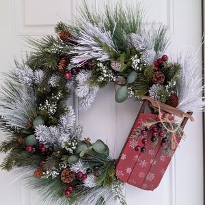 Wooden Sled Winter Greenery Wreath